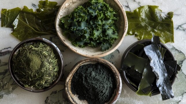 Showcase of fresh kelp, dried kelp, and kelp powder, highlighting the different ways it can be used in cooking