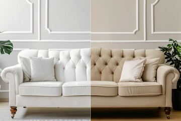 Sofa before and after being cleaned in room