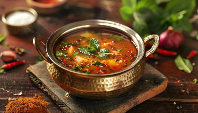 Spicy sweet sour veg soup Rasam common in South Indian meals traditionally served in a brass vessel with ingredients nearby wooden background