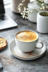 Top view, office afternoon tea scene, dinner plate, Solid background,coffee cup,Office desk,Simple, light luxury, simple scene, dried pork slices ï¼ŒNikon camera, Generate AI.