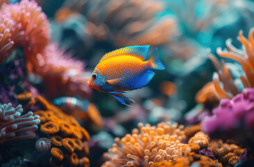 a fish swim in coral reef aquarium with corals and colorful rocks. Orange, blue, and purple colors