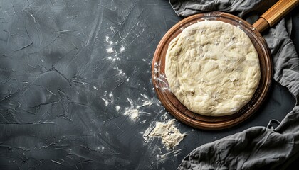 Spread pizza dough on wooden board basics of pizza making process top view