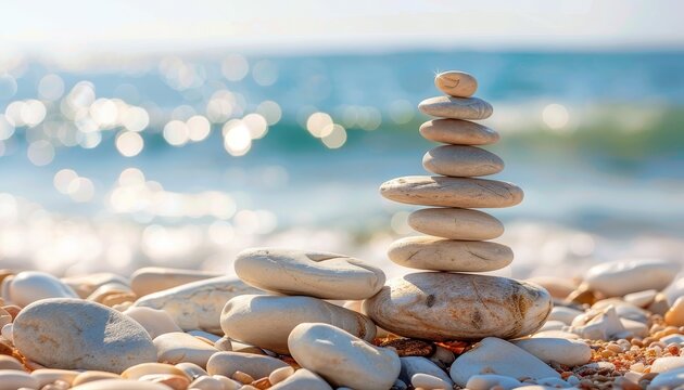 Stones in beach arrangement create a relaxing pyramid formation bringing harmony tranquility and a sense of equilibrium to the coastline The cobblestone arrang