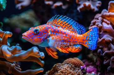 a fish swim in coral reef aquarium with corals and colorful rocks. Orange, blue, and purple colors