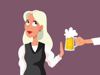 Woman Saying No to Alcoholic Drink Vector Cartoon Illustration. Girl on a diet saying no to beer offered by a friend 
