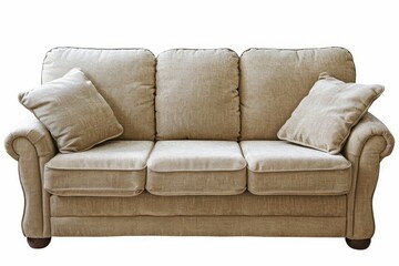 Naklejka premium Three seat beige fabric sofa isolated on white background