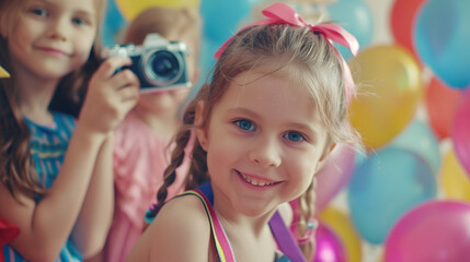 Delightful young girl enjoying her magical birthday party surrounded by colorful balloons