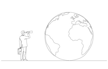 Continuous one line drawing of businessman looking globe through telescope, global business and investment opportunity concept, single line art.