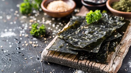 Nutritious dried kelp snacks arranged on a board, perfect for a healthy and delicious snack