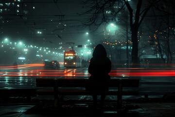 woman sitting on public bench in the Night Reflections in the City.