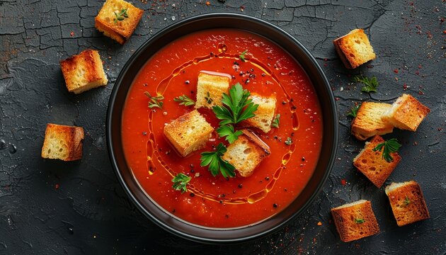 Tomato soup with croutons from above
