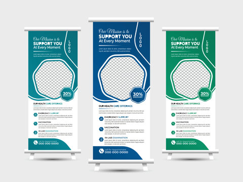 Medical rollup banner design template for health care medical. Modern layout information space design set design.