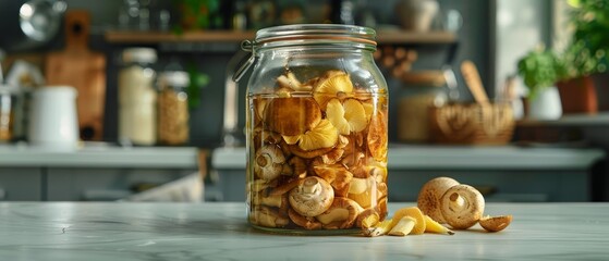 Homely jar of preserved mushrooms sits invitingly on a kitchen counter