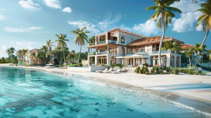 A luxurious beachfront property with a private beach club and water sports amenities