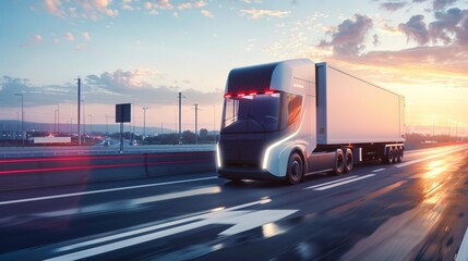 A concept of a self-driving delivery truck on a highway, logistics, dynamic and dramatic compositions. Background for business