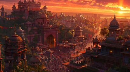 Enchanting sunset over an ancient city with crowds gathering for a festival