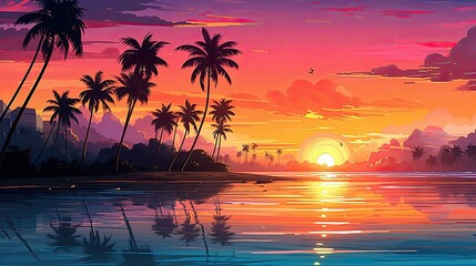 illustration of a tranquil beach sunset scene with palm trees