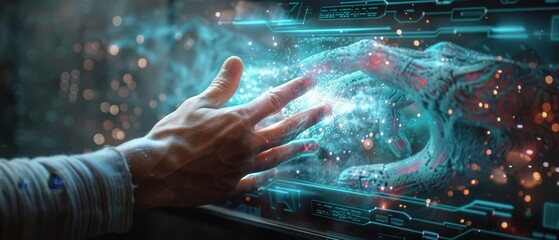 Hand interacts with a futuristic holographic display