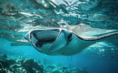 A closeup shot of the entire body and head of an ancient manta ray swimming in clear blue water,...