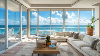 An oceanfront condominium with floor-to-ceiling windows offering stunning ocean vistas