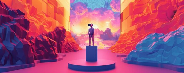 Immersive pop art landscape with lone figure wearing virtual reality headset