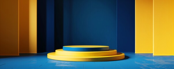 Minimalistic pop art podium in front of a Swedish flag inspired backdrop