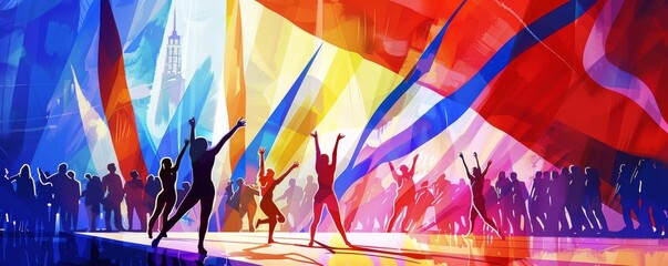 Colorful gymnastics performance with gymnasts and crowd in vibrant arena