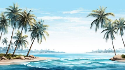 Fototapeta na wymiar A line of palm trees framing white sand, against the background of a sparkling ocean illustrations 