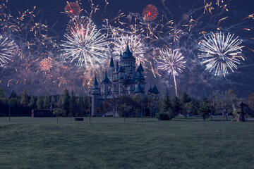 Sazova Park Chateau with amazing red fireworks - Eskisehir, Turkey