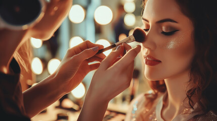 make-up artist doing evening makeup to a beautiful young woman in beauty studio, stylist, girl, salon, eye shadow, brush, cosmetics, lipstick, mascara, blush, contouring, model, fashion, professional