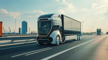 A concept of a self-driving delivery truck on a highway, logistics, dynamic and dramatic compositions. Background for business