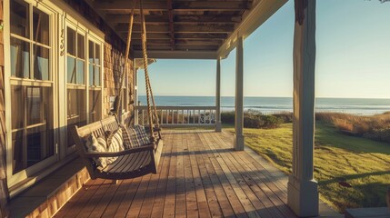 Fototapeta premium A coastal cottage with a charming porch swing and panoramic ocean views