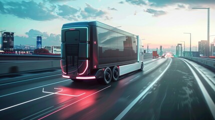 A concept of a self-driving delivery truck on a highway, logistics, dynamic and dramatic compositions. Background for business