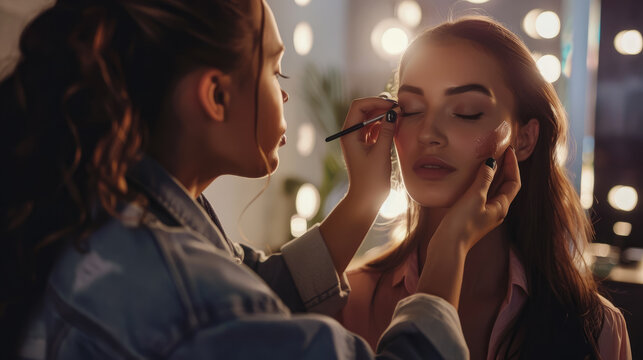 make-up artist doing evening makeup to a beautiful young woman in beauty studio, stylist, girl, salon, eye shadow, brush, cosmetics, lipstick, mascara, blush, contouring, model, fashion, professional