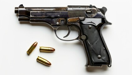 Top view of a black handgun and bullet isolated on a white background