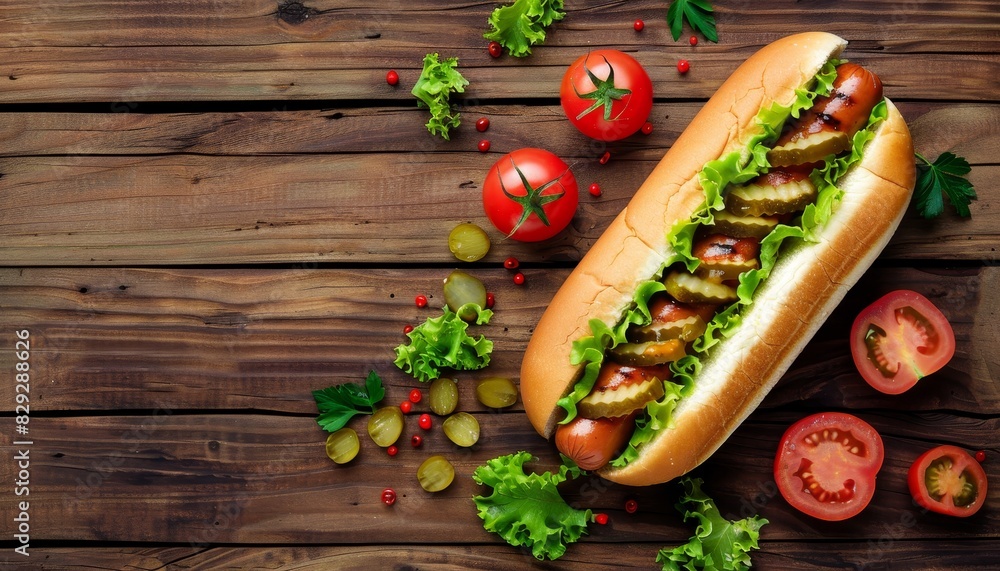 Poster top view of a hot dog on a wooden background with pickles tomato and lettuce