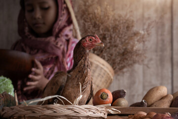 Chicken stand on agricultural products at the local market, little merchant girl stands in the...