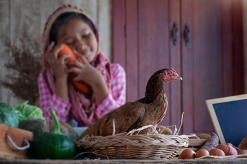 Chicken stand on agricultural products at the local market, little merchant girl stands in the...