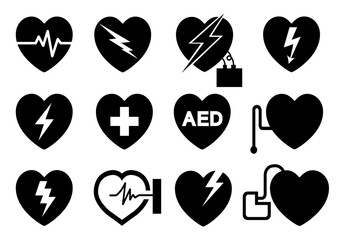 AED Automated External Defibrillator Black Icon Set Symbol Sign, Vector Illustration, Isolate On White Background Label .EPS10