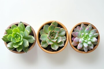 Top view of decorative succulent cactus in pot on white background