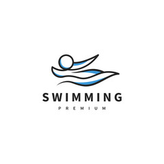 swimming logo design with athlete swim and sea wave