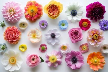 Top view of head shot flowers with full depth of field on a white background A variety of colorful flowers in a big collection perfectly retouched in a studio se