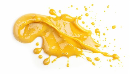 Top view of isolated honey mustard sauce on white background with mustard sauce splash
