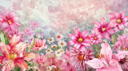 Color Illustration. Pink Watercolor Floral Background for Summer Garden Decor
