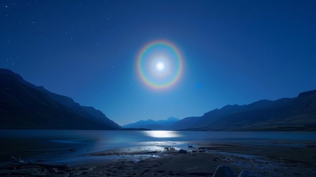 As the full moon casts its silvery light a moonbow emerges painting the sky with iridescent shades that seem almost otherworldly.