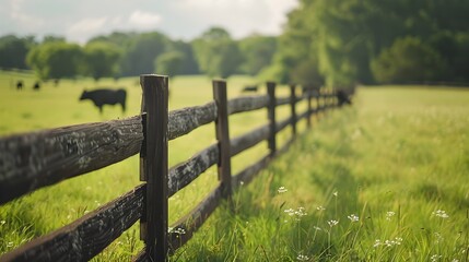 Fototapeta premium Grazing Cows in Lush Pasture: A Rural Tableau for Text