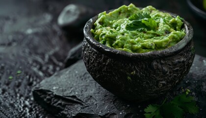 Traditional Mexican dip sauce guacamole in a bowl against a dark background