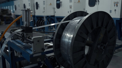 Metal long narrow sheets wraping on a bobbin. Creative. Large spool in a factory workshop, industrial background. © Media Whale Stock