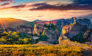 Impressive summer sunrise on popular tourist destination - Eastern Orthodox monasteries listed as a...