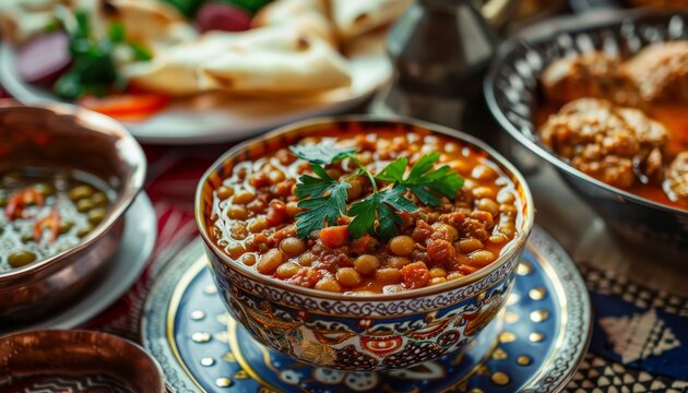 Turkish Kuru Fasulye dish served on a traditional table with bean decoration